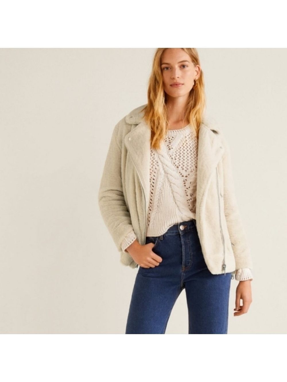 Mango Ivory Faux Shearling Biker Jacket, Size S - Picture 5 of 17
